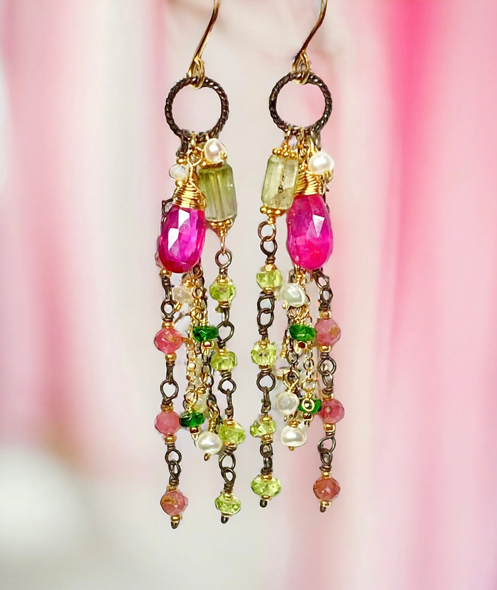 Pink Sapphire, Peridot and Tourmaline Gemstone Long Dangle Earrings
