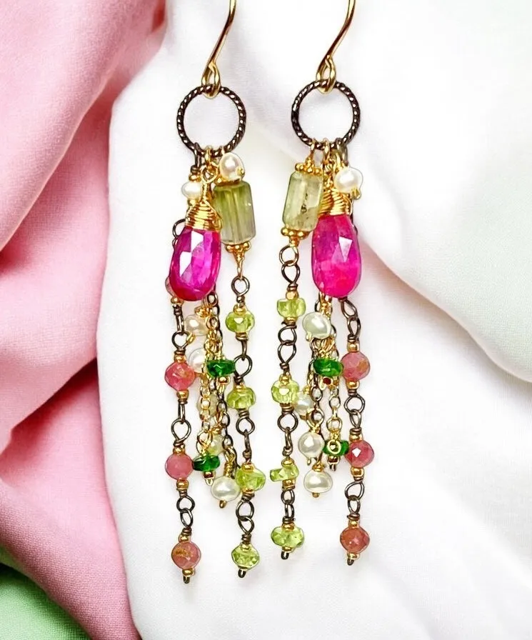 Pink Sapphire, Peridot and Tourmaline Gemstone Long Dangle Earrings