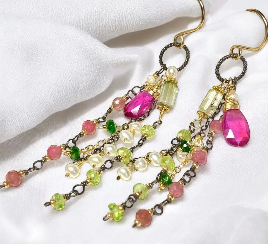 Pink Sapphire, Peridot and Tourmaline Gemstone Long Dangle Earrings