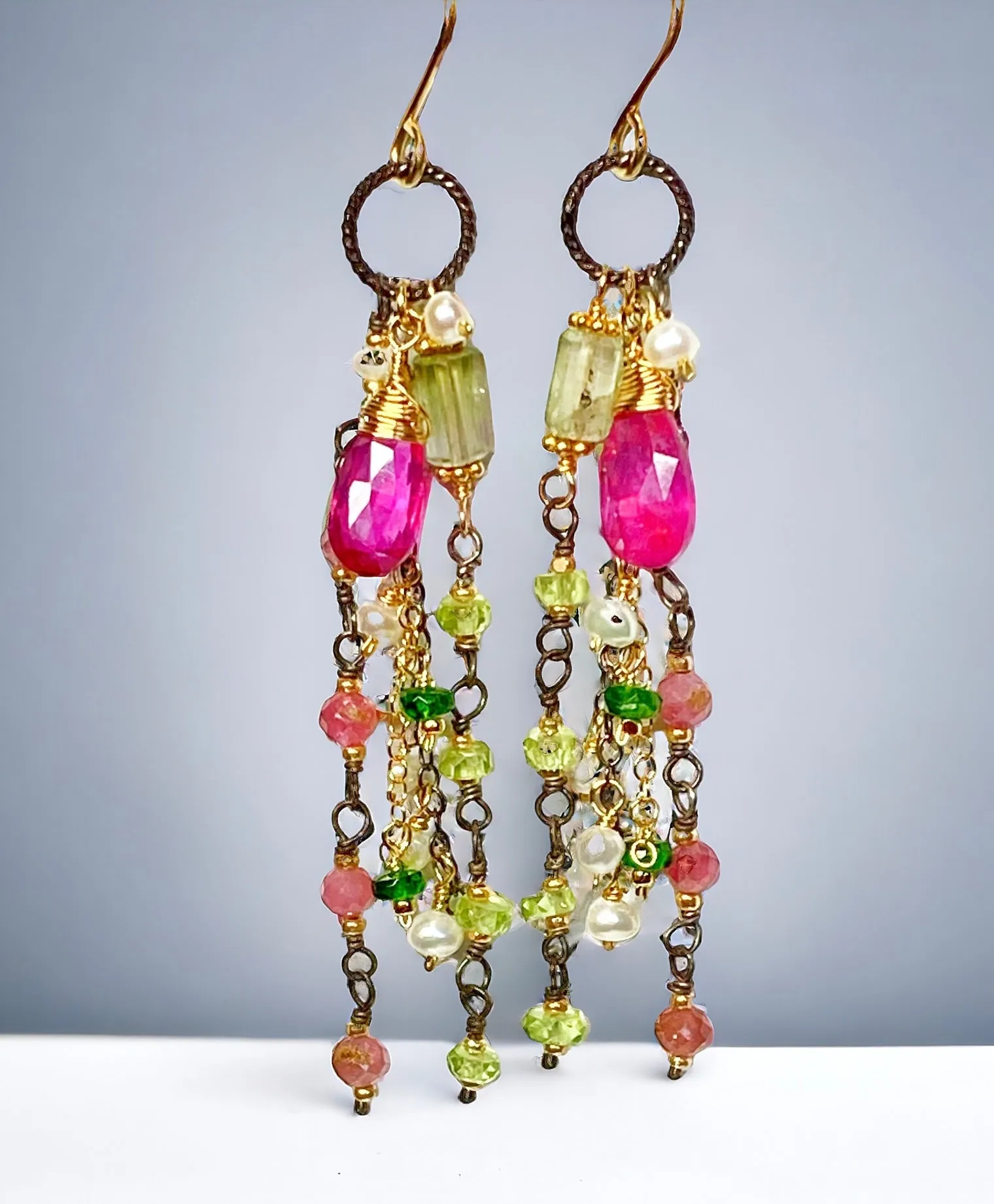 Pink Sapphire, Peridot and Tourmaline Gemstone Long Dangle Earrings