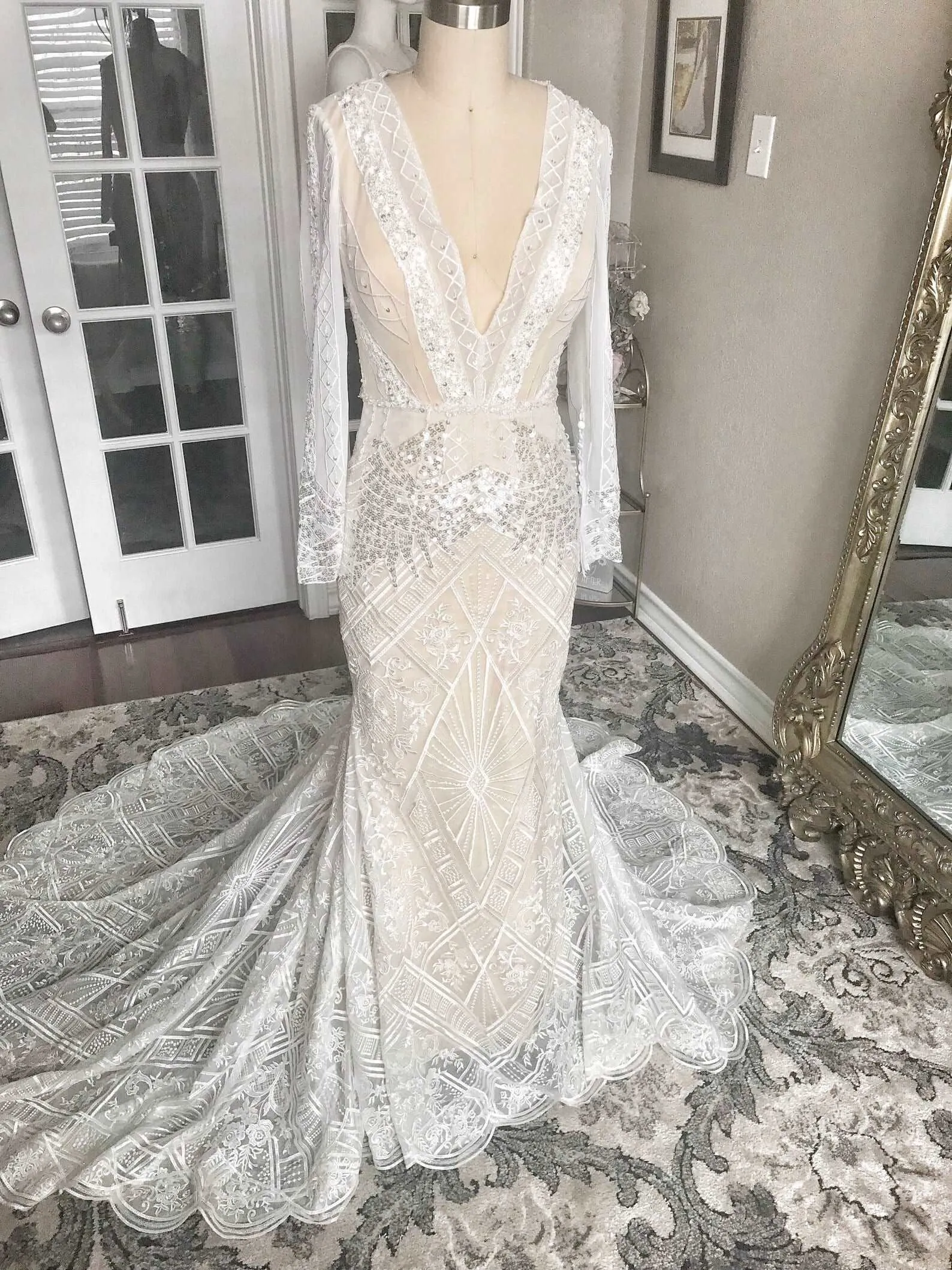 Plunge Neckline Beaded Lace Fit & Flare Wedding Dress | Natalia