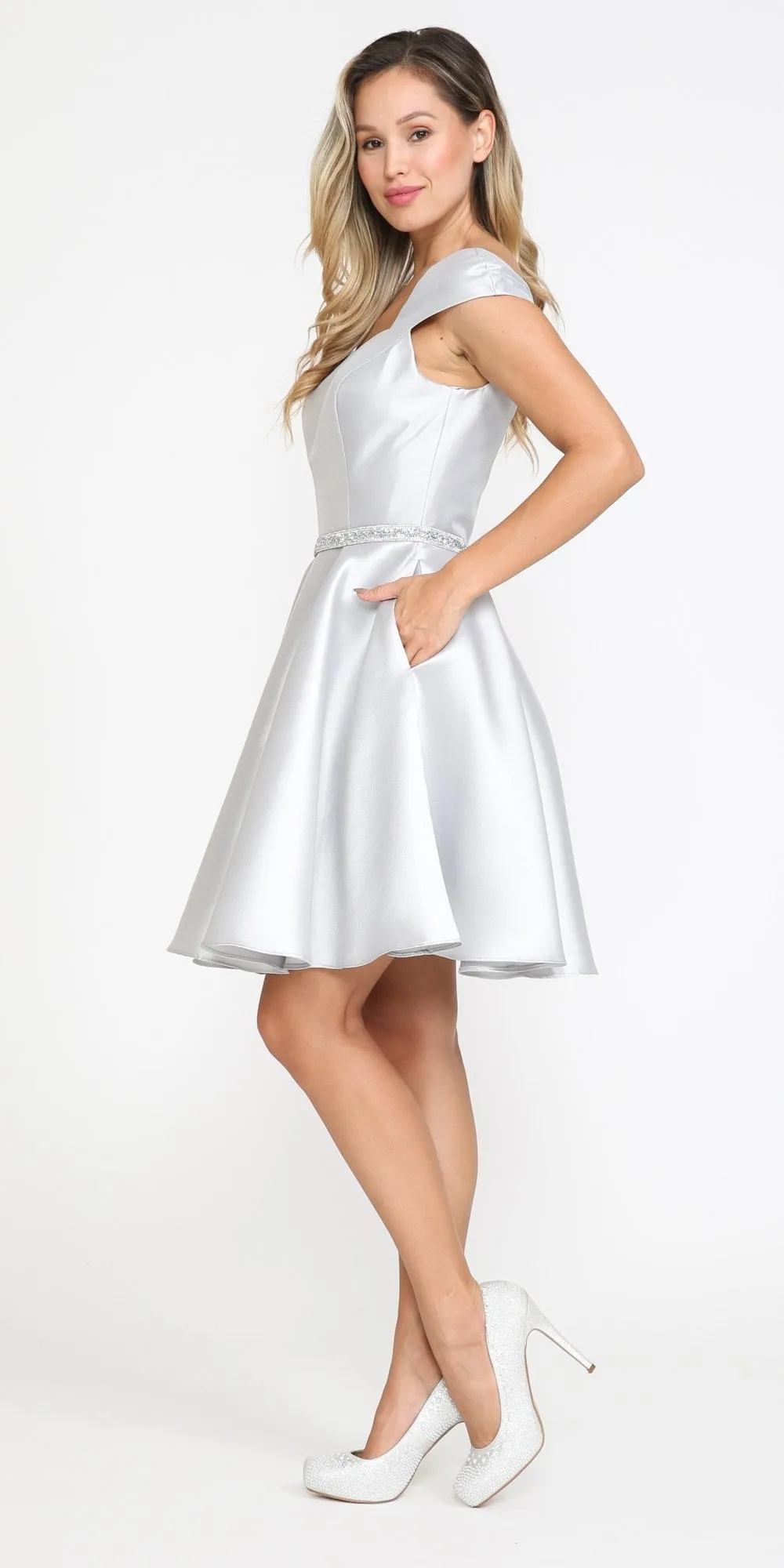 Poly USA 8416 Short A-Line Mikado Dress with Pockets