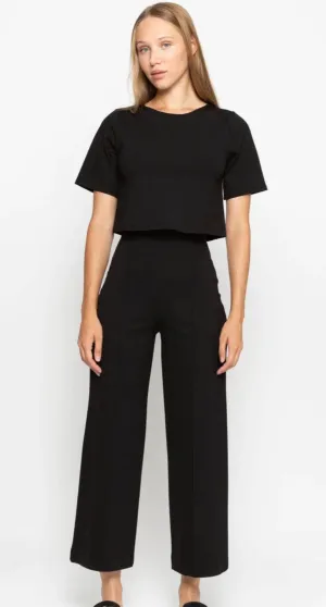 Ponte Knit Wide Leg Pant Cropped in Black