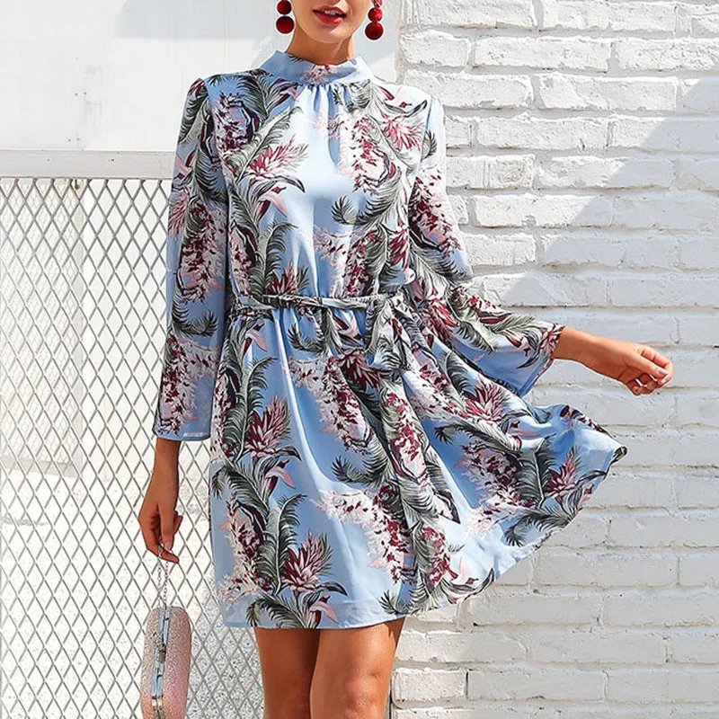 Printed Backless Flare Sleeve Dress
