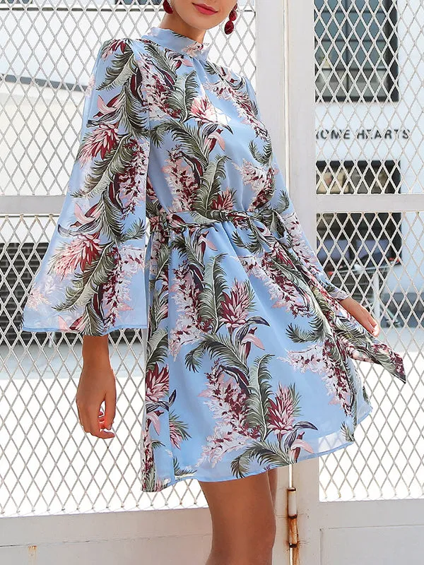 Printed Backless Flare Sleeve Dress