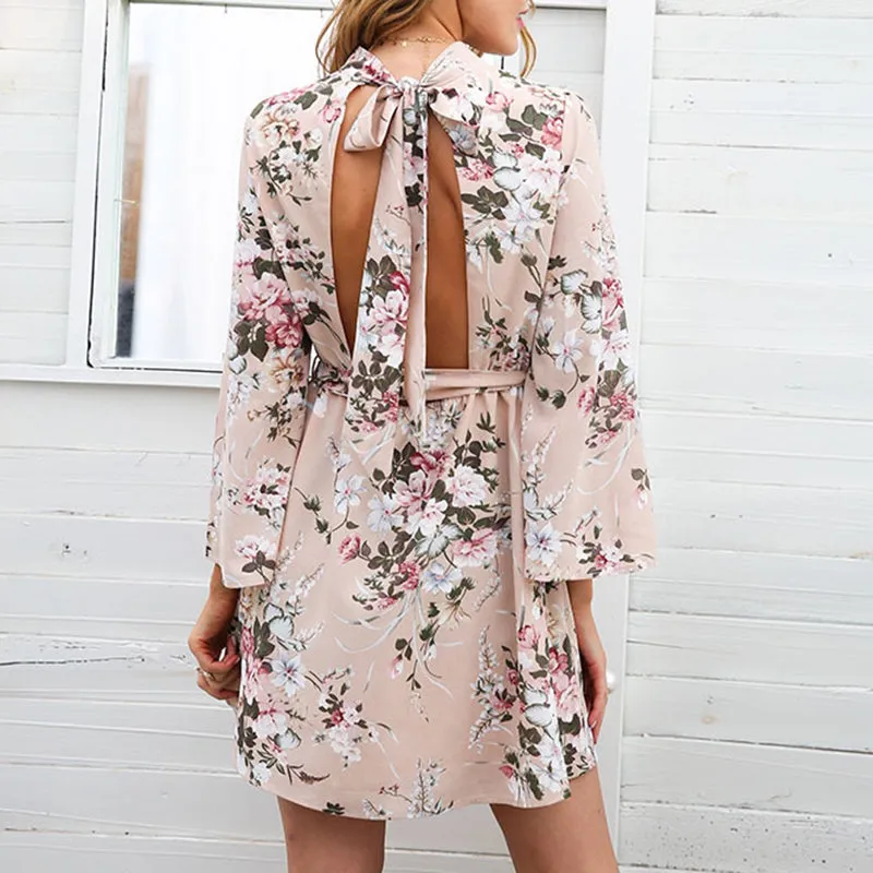 Printed Backless Flare Sleeve Dress