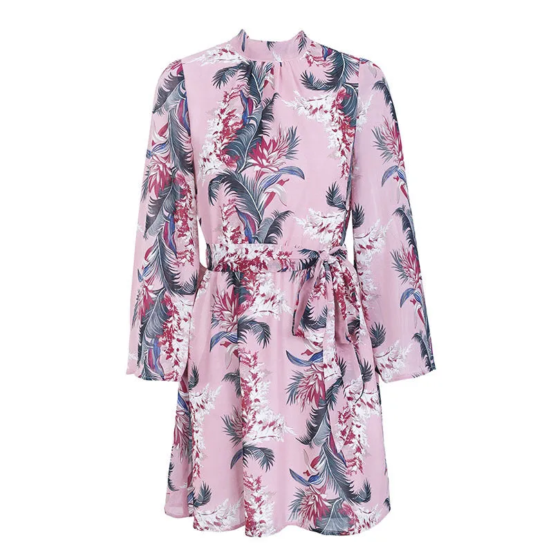 Printed Backless Flare Sleeve Dress