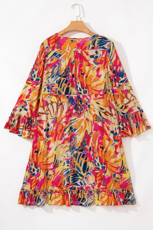 Printed Flare Sleeve Ruffled Hem Dress