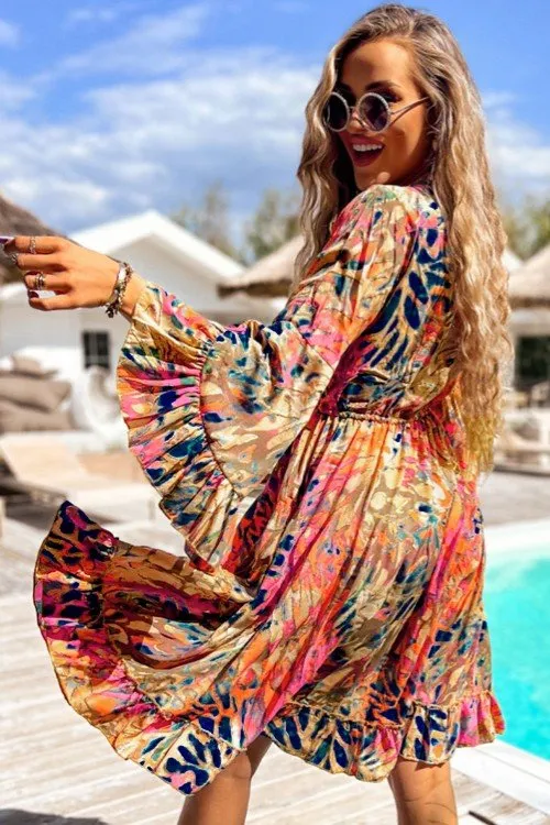 Printed Flare Sleeve Ruffled Hem Dress