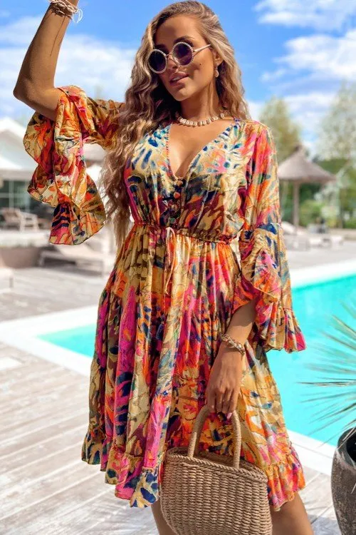 Printed Flare Sleeve Ruffled Hem Dress