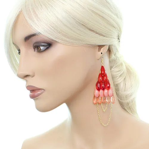 Red Faceted Drop Chain Chandelier Earrings