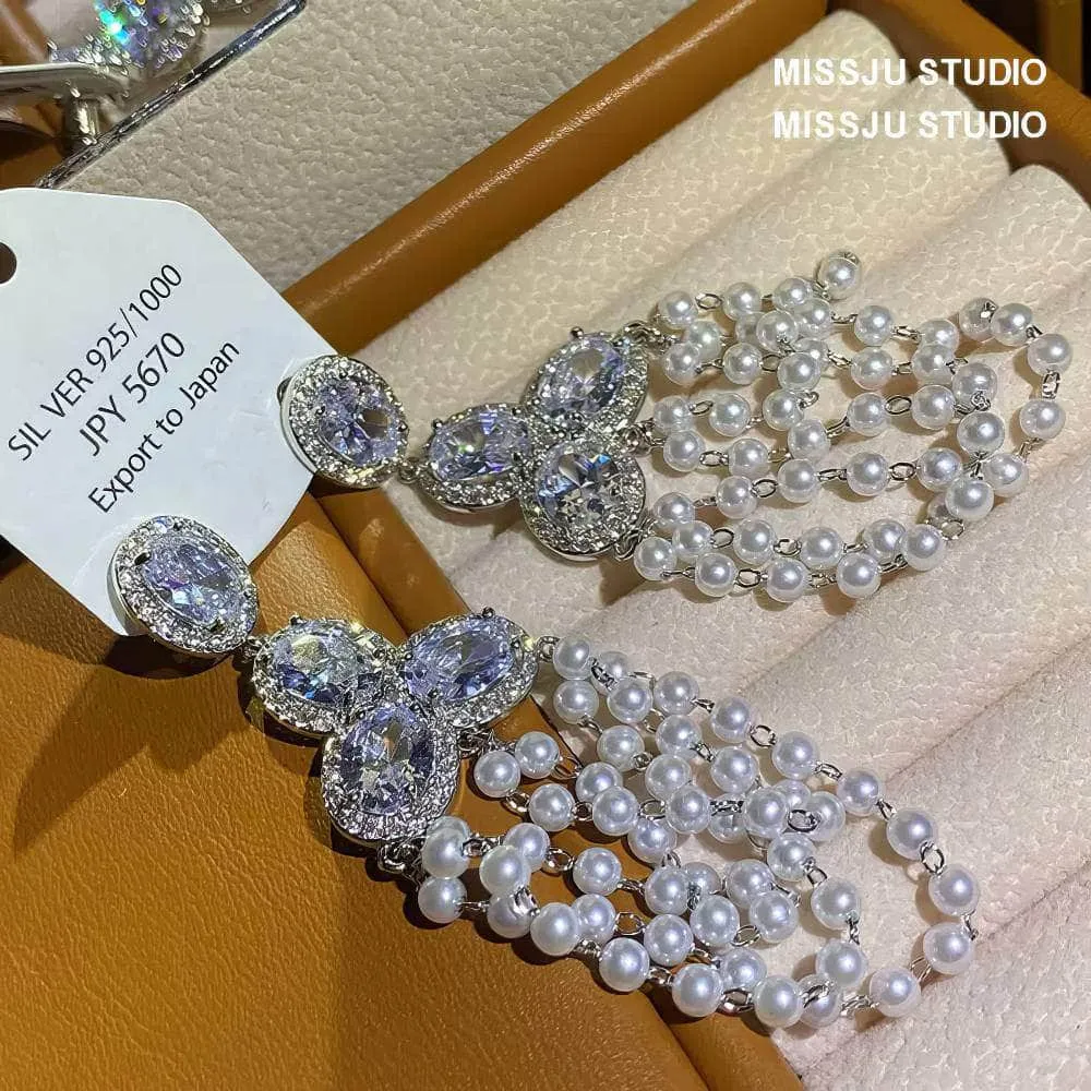 Rhinestone Tiered Pearl Chandelier Earrings