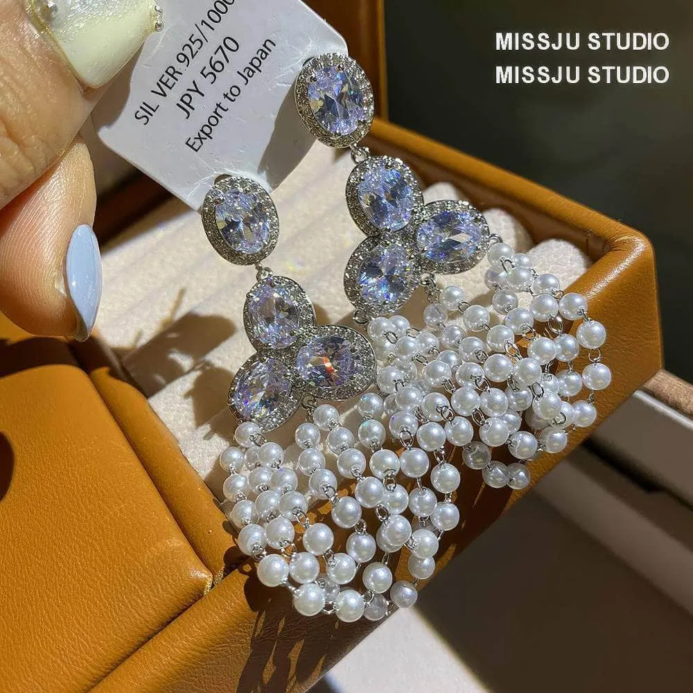 Rhinestone Tiered Pearl Chandelier Earrings