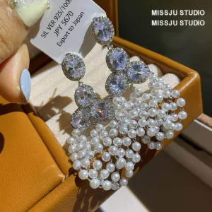 Rhinestone Tiered Pearl Chandelier Earrings