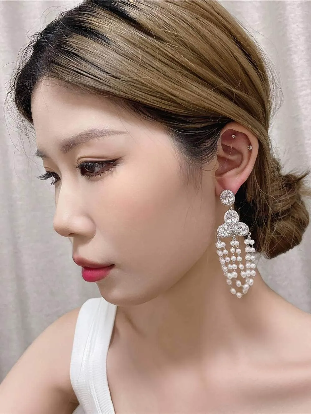 Rhinestone Tiered Pearl Chandelier Earrings