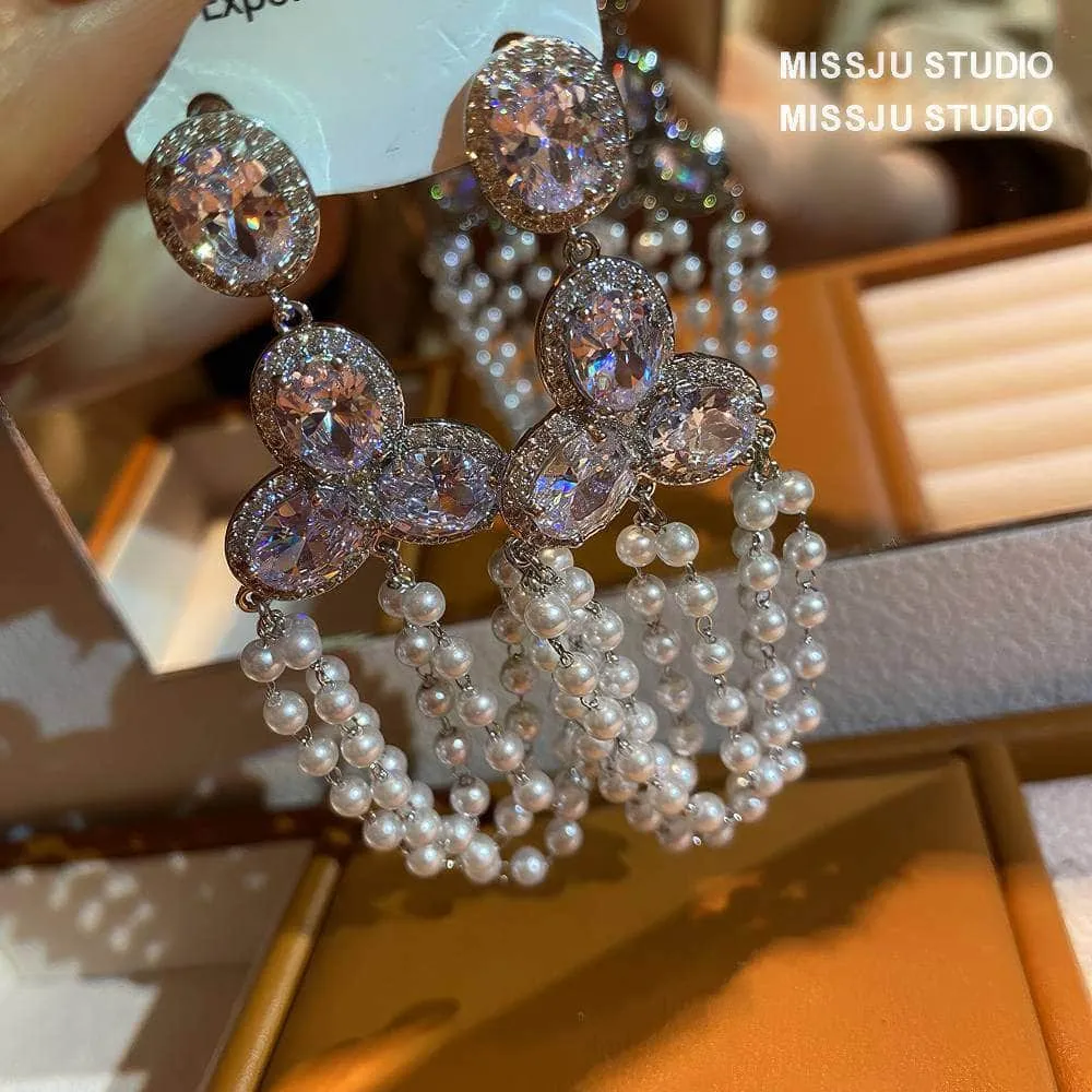 Rhinestone Tiered Pearl Chandelier Earrings