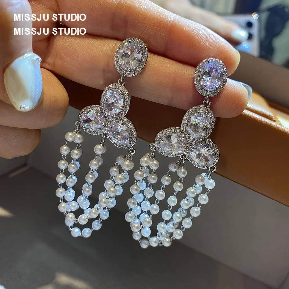 Rhinestone Tiered Pearl Chandelier Earrings