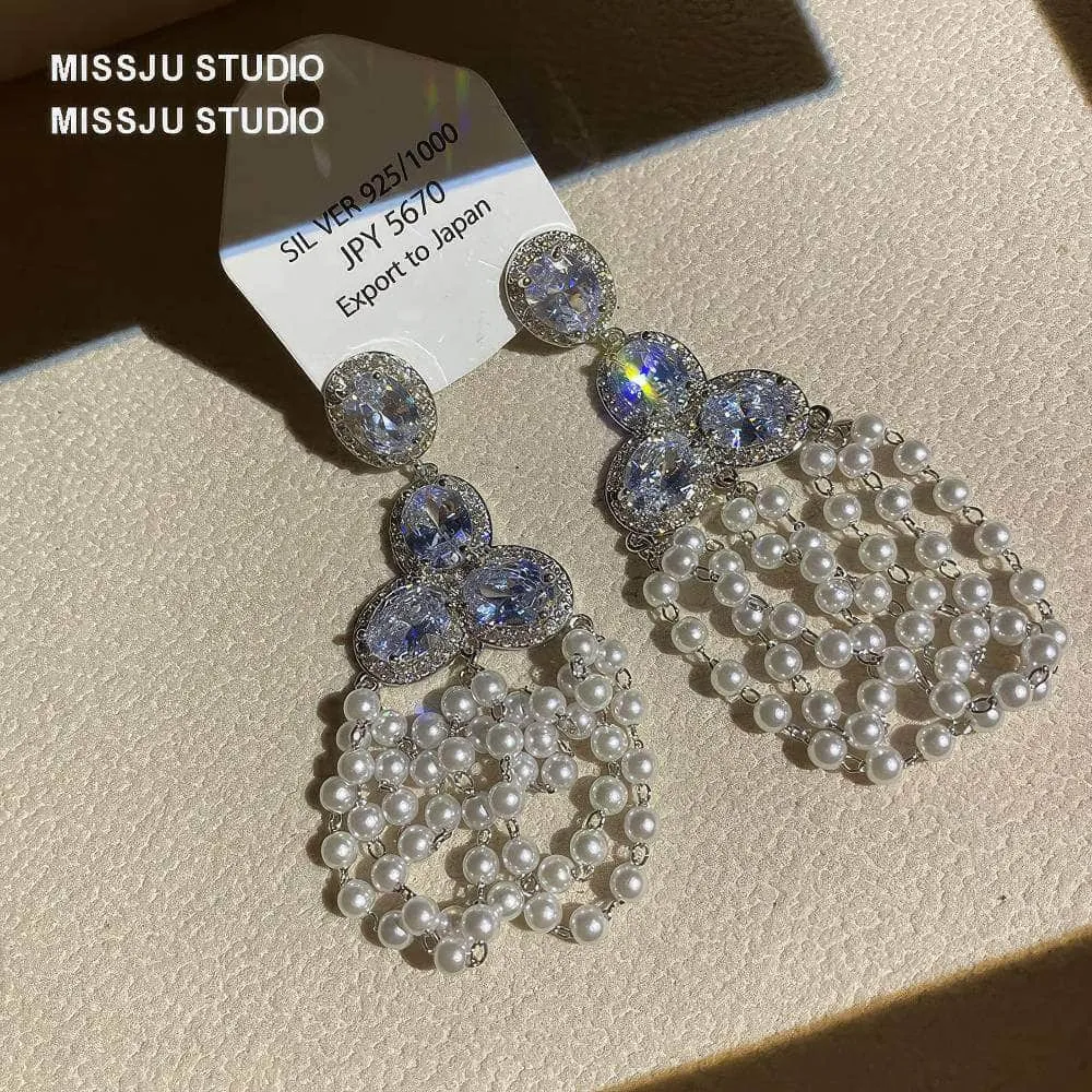 Rhinestone Tiered Pearl Chandelier Earrings