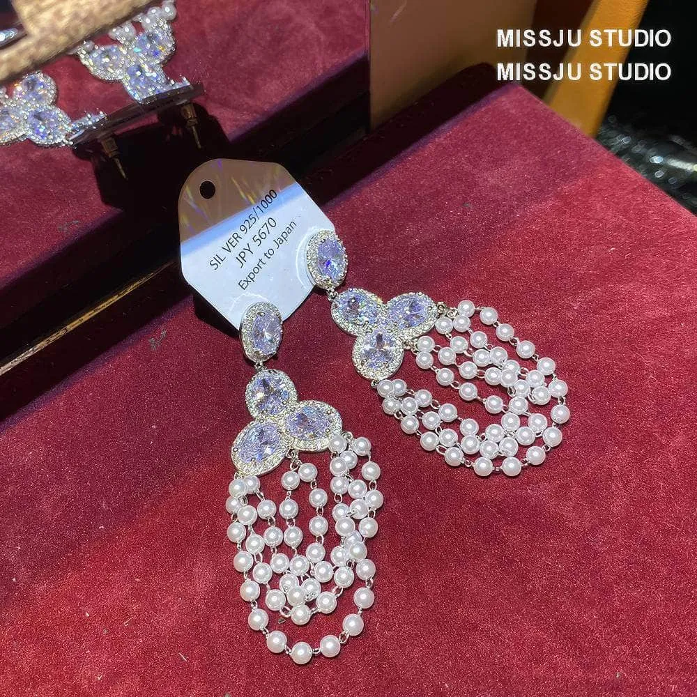Rhinestone Tiered Pearl Chandelier Earrings