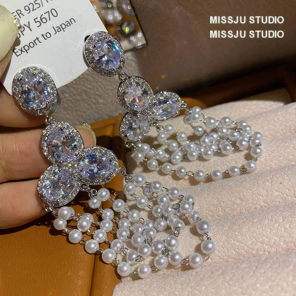 Rhinestone Tiered Pearl Chandelier Earrings