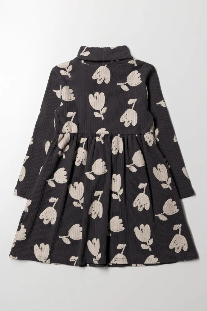 Rib Floral Poloneck Fit & Flare Dress Dark Grey