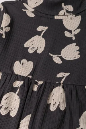 Rib Floral Poloneck Fit & Flare Dress Dark Grey