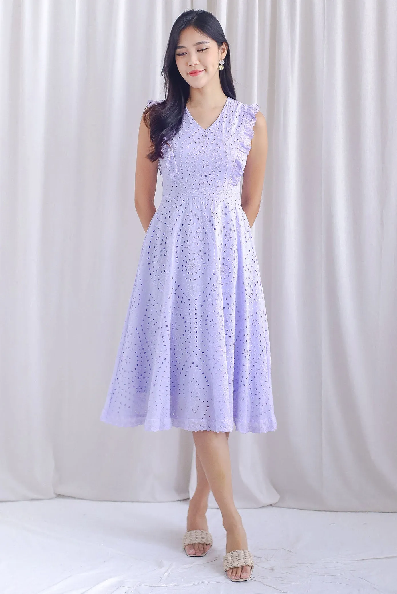 Rivia Eyelet Ruffled Flare Dress In Lilac