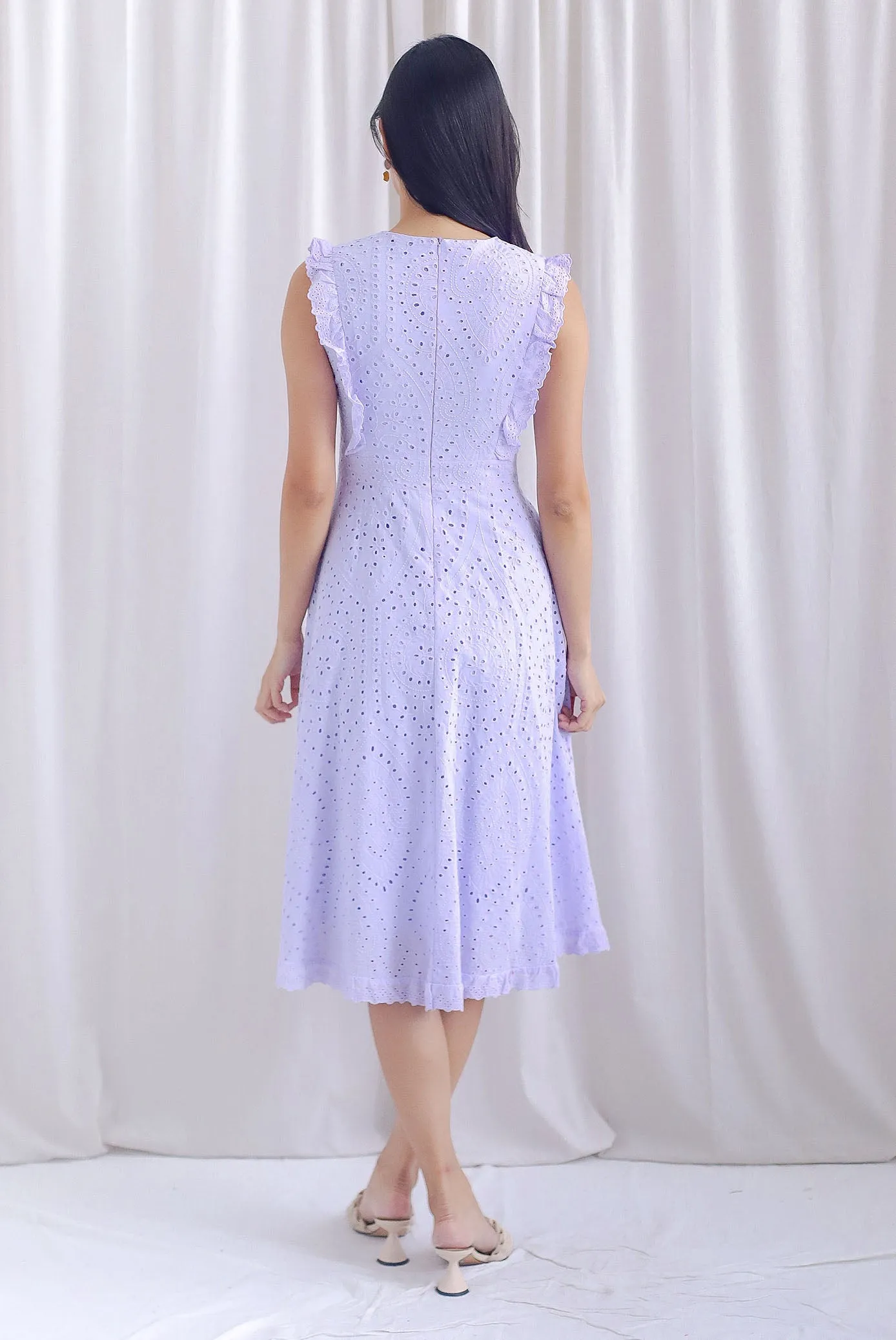 Rivia Eyelet Ruffled Flare Dress In Lilac