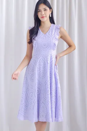 Rivia Eyelet Ruffled Flare Dress In Lilac