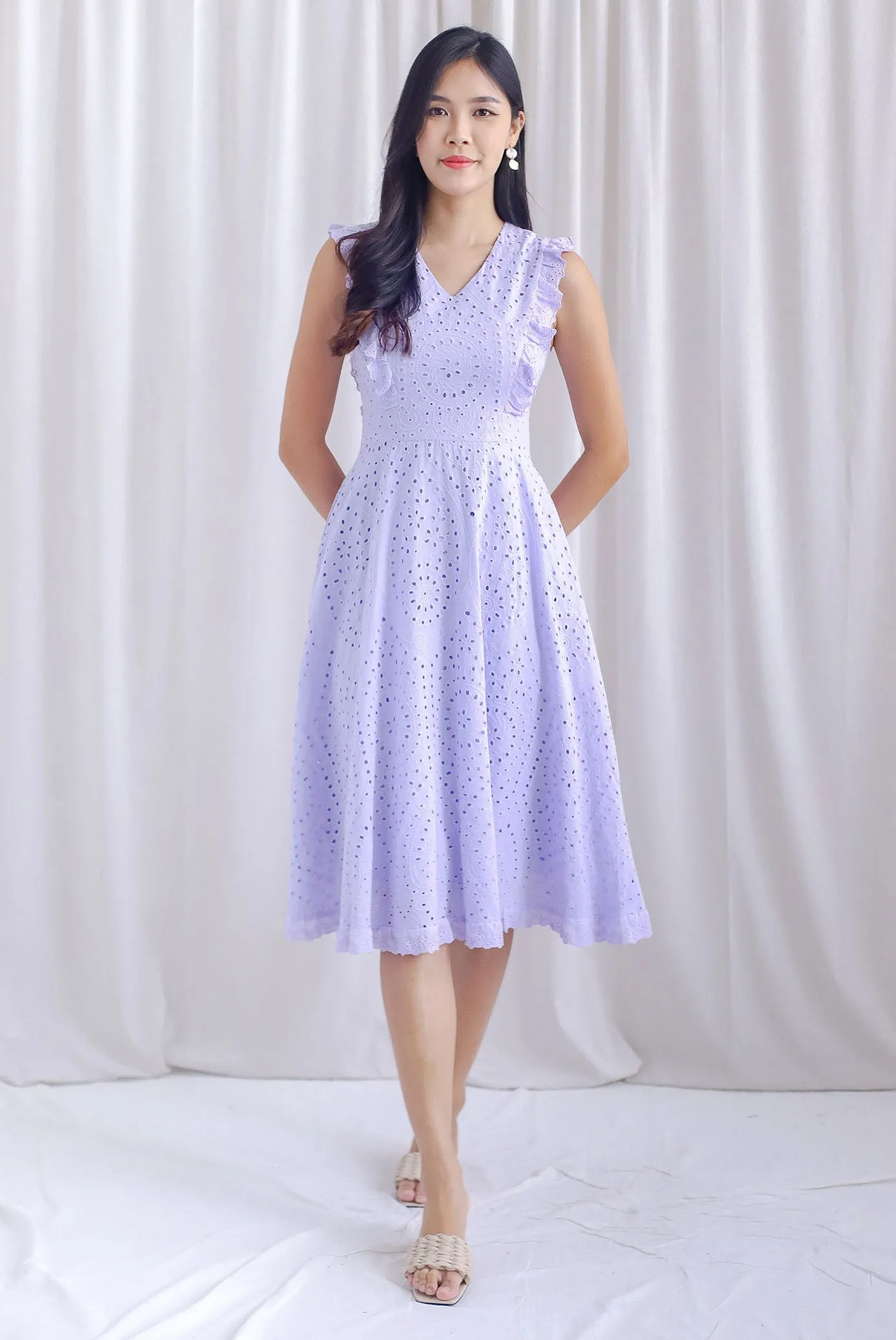 Rivia Eyelet Ruffled Flare Dress In Lilac