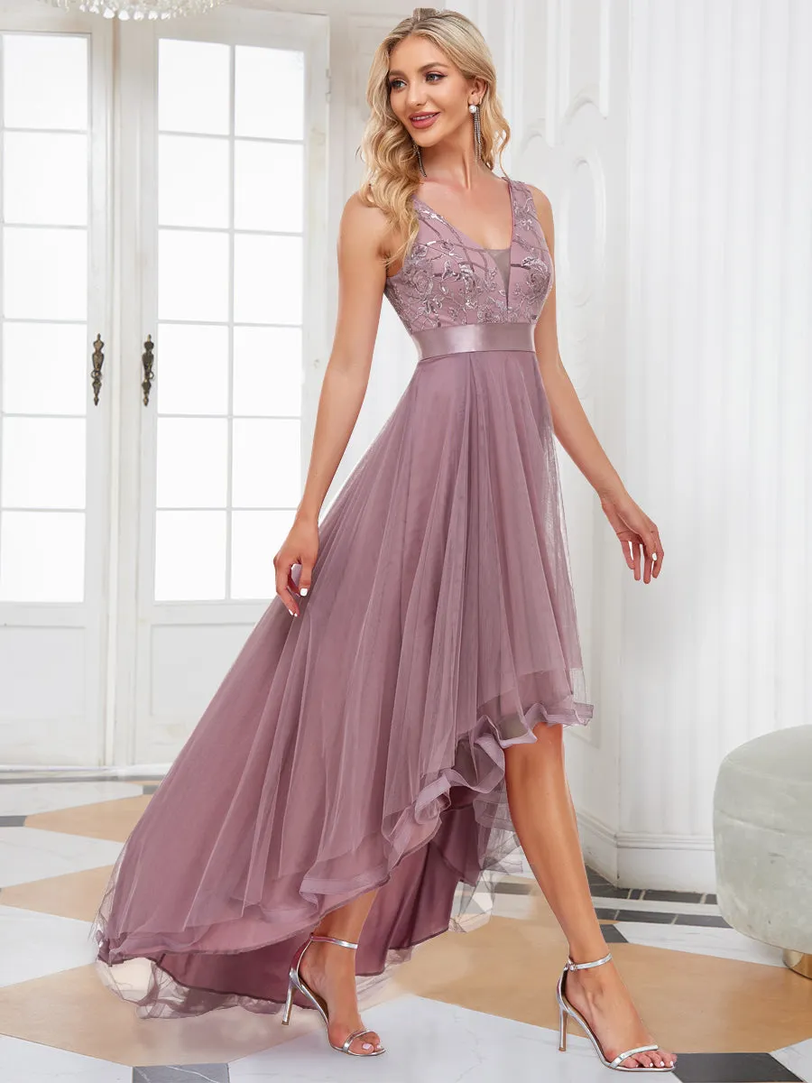 Robe de Cocktail en Tulle à Paillettes Haut Bas Ourlet Asymétrique
