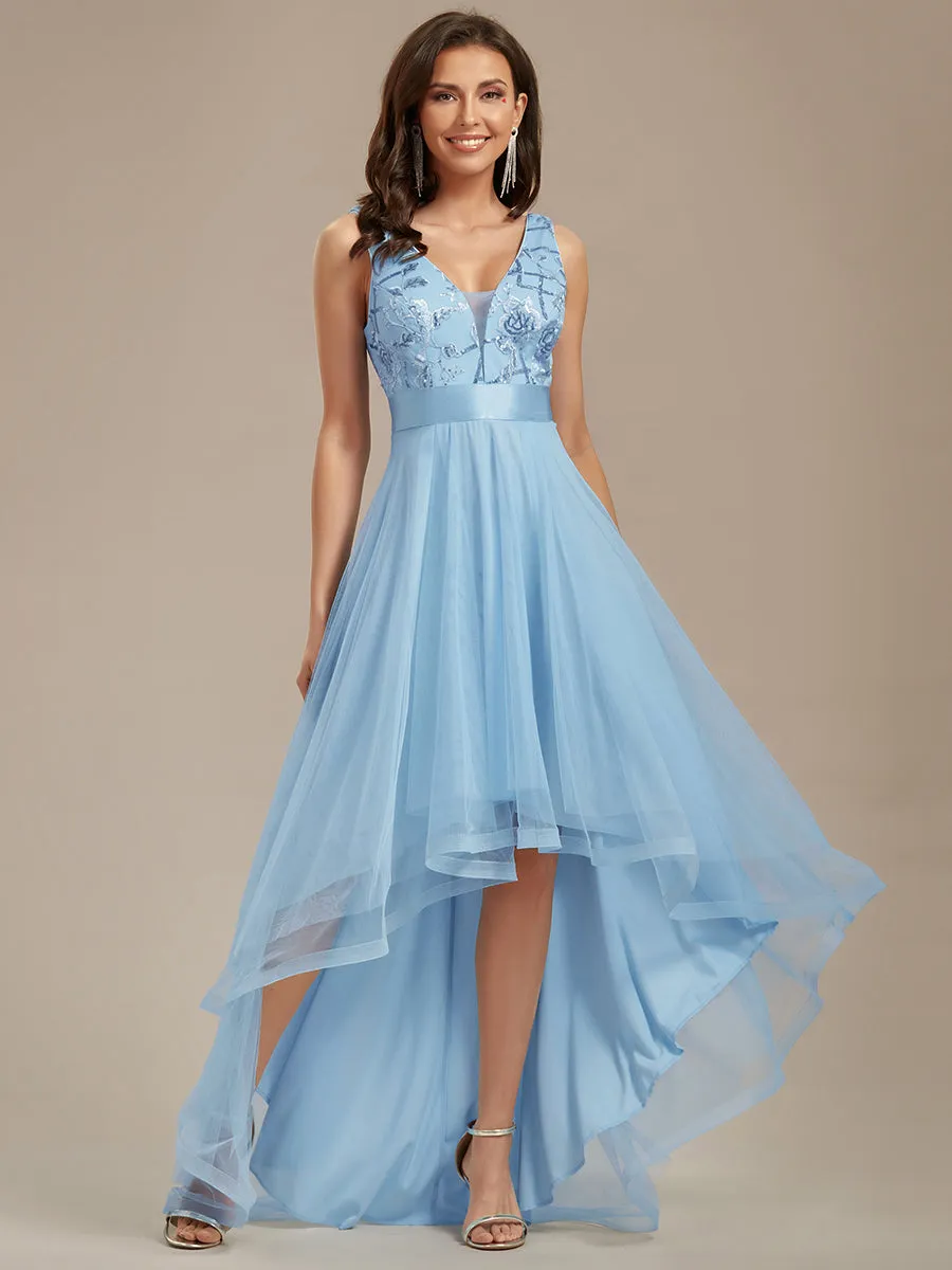 Robe de Cocktail en Tulle à Paillettes Haut Bas Ourlet Asymétrique