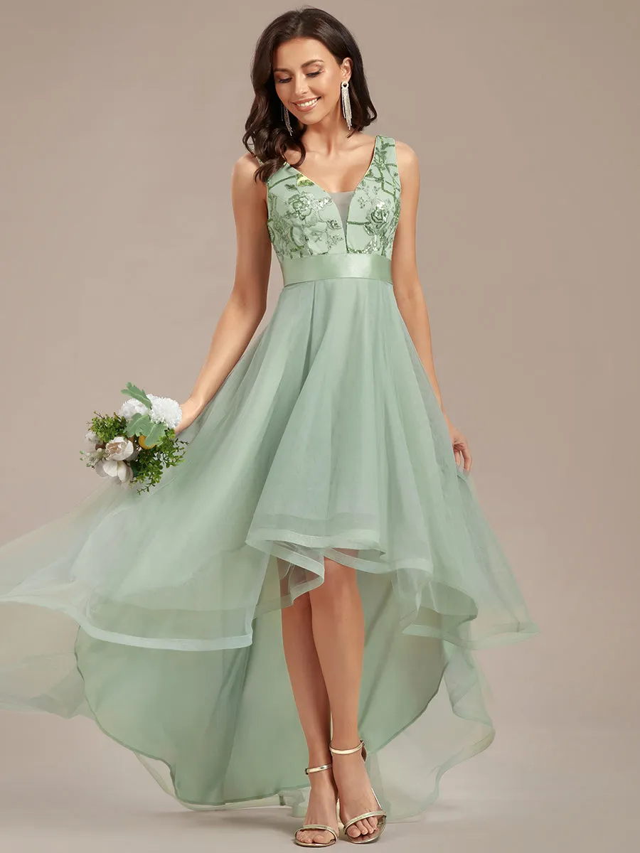 Robe de Cocktail en Tulle à Paillettes Haut Bas Ourlet Asymétrique