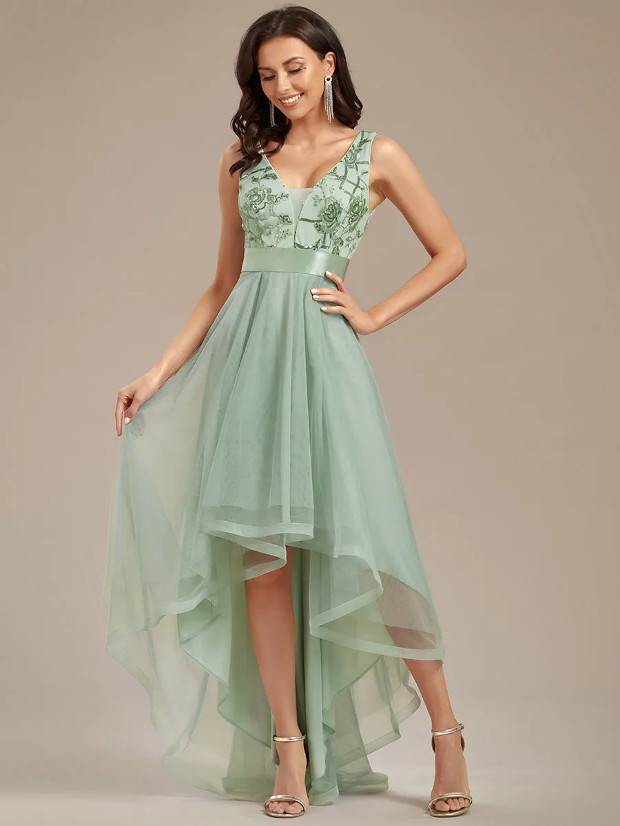 Robe de Cocktail en Tulle à Paillettes Haut Bas Ourlet Asymétrique