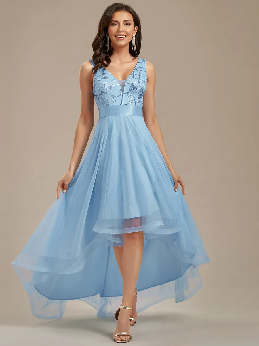 Robe de Cocktail en Tulle à Paillettes Haut Bas Ourlet Asymétrique