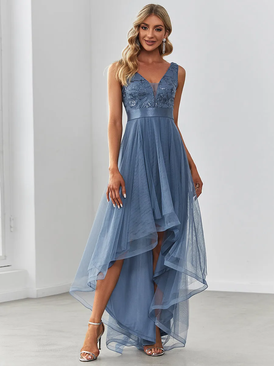 Robe de Cocktail en Tulle à Paillettes Haut Bas Ourlet Asymétrique