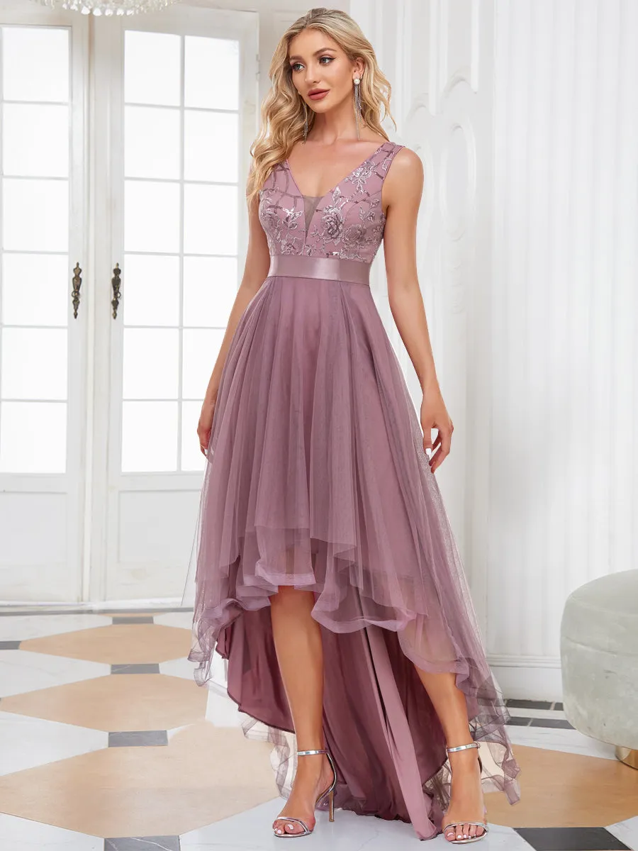 Robe de Cocktail en Tulle à Paillettes Haut Bas Ourlet Asymétrique