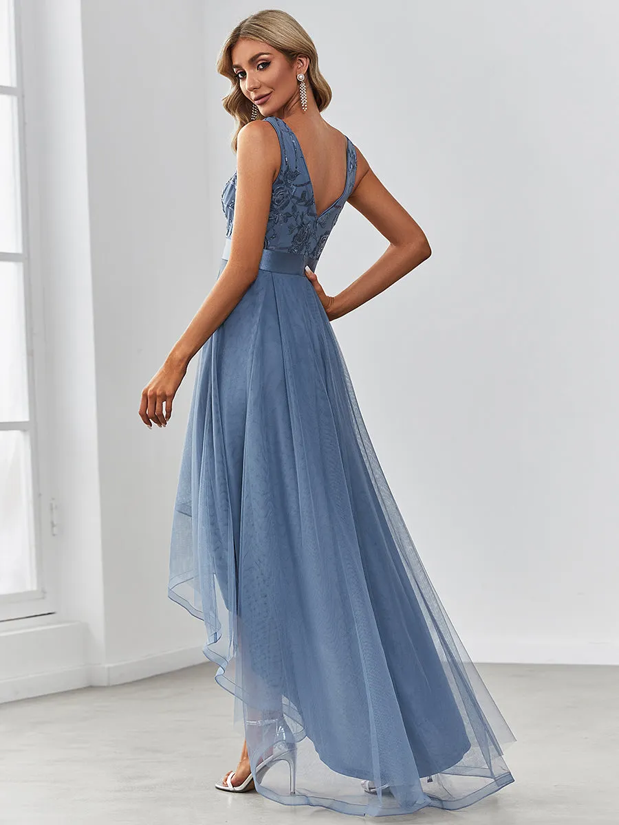 Robe de Cocktail en Tulle à Paillettes Haut Bas Ourlet Asymétrique
