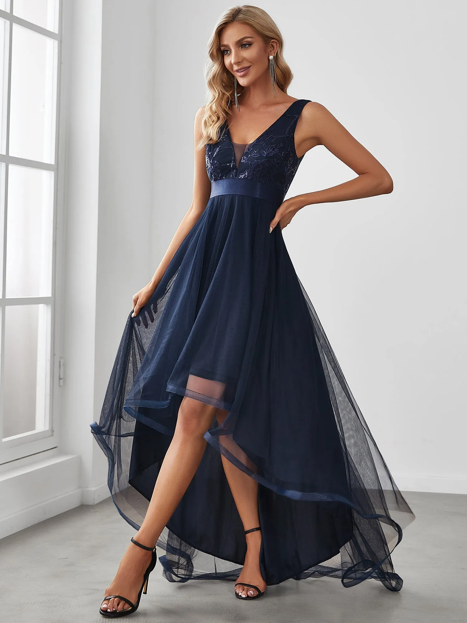 Robe de Cocktail en Tulle à Paillettes Haut Bas Ourlet Asymétrique