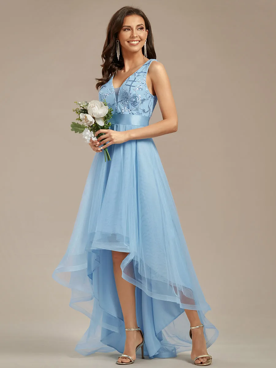 Robe de Cocktail en Tulle à Paillettes Haut Bas Ourlet Asymétrique