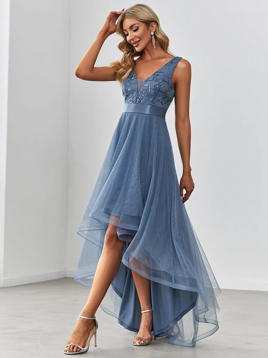 Robe de Cocktail en Tulle à Paillettes Haut Bas Ourlet Asymétrique