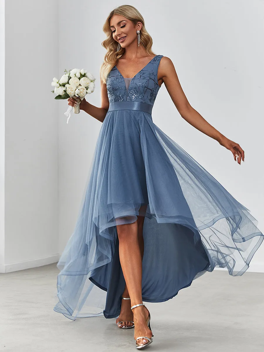 Robe de Cocktail en Tulle à Paillettes Haut Bas Ourlet Asymétrique