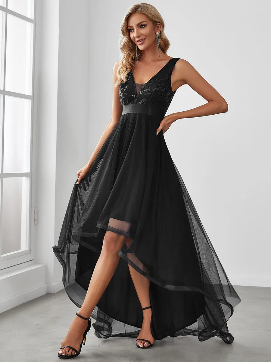 Robe de Cocktail en Tulle à Paillettes Haut Bas Ourlet Asymétrique