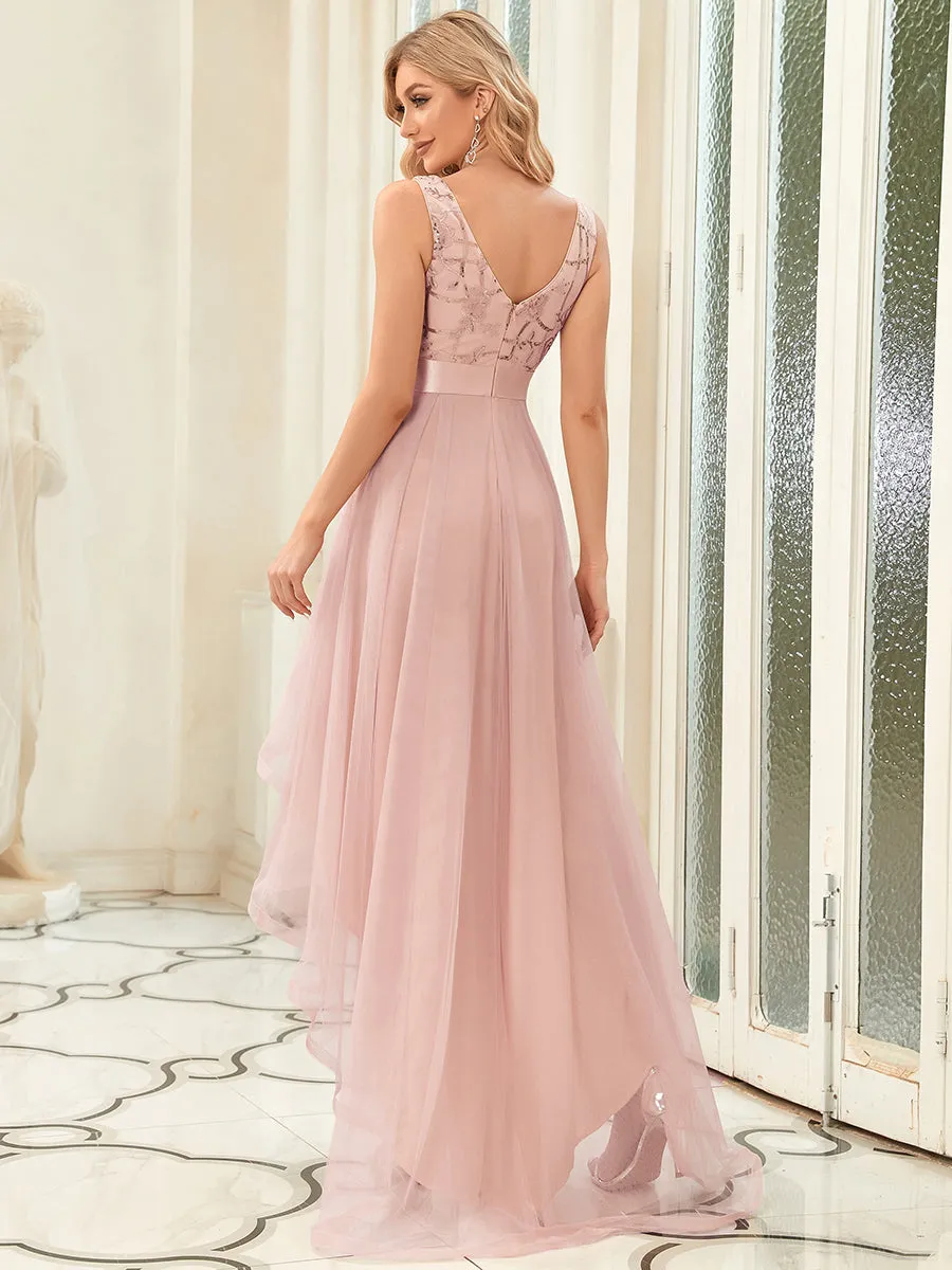 Robe de Cocktail en Tulle à Paillettes Haut Bas Ourlet Asymétrique
