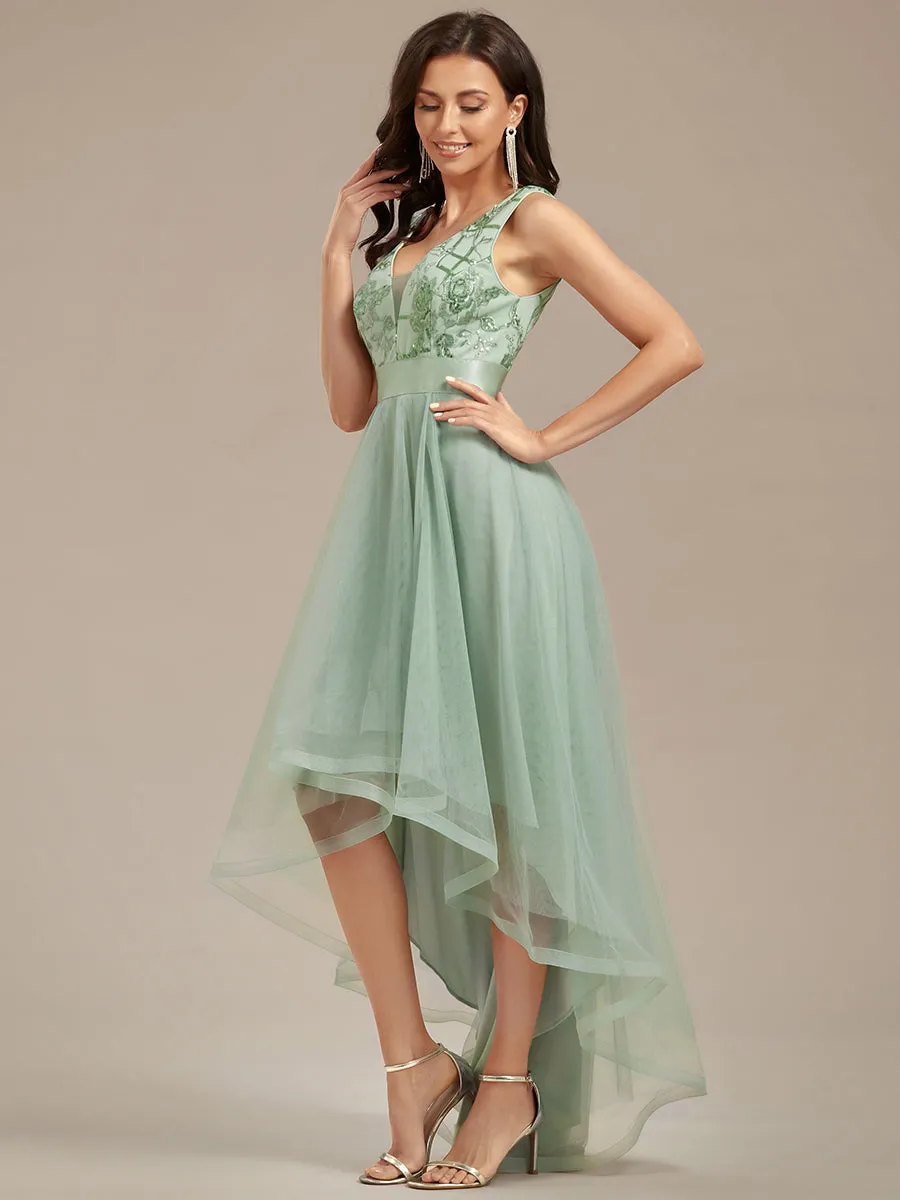 Robe de Cocktail en Tulle à Paillettes Haut Bas Ourlet Asymétrique