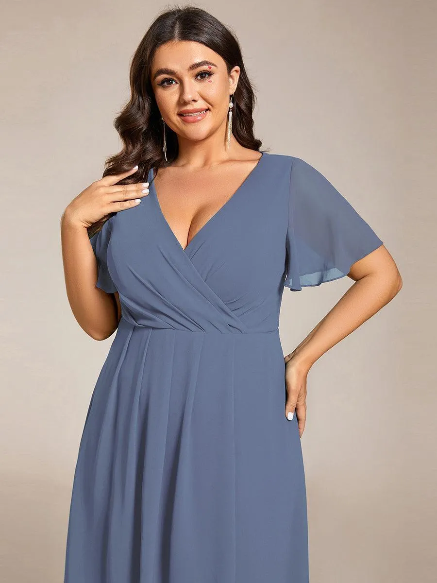 Robe Dinvite De Mariage En Mousseline De Soie Mi-Longue Plissee a Manches a Volants Et Col En V