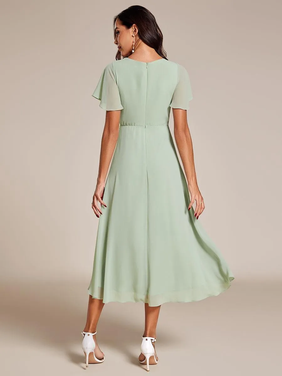 Robe Dinvite De Mariage En Mousseline De Soie Mi-Longue Plissee a Manches a Volants Et Col En V
