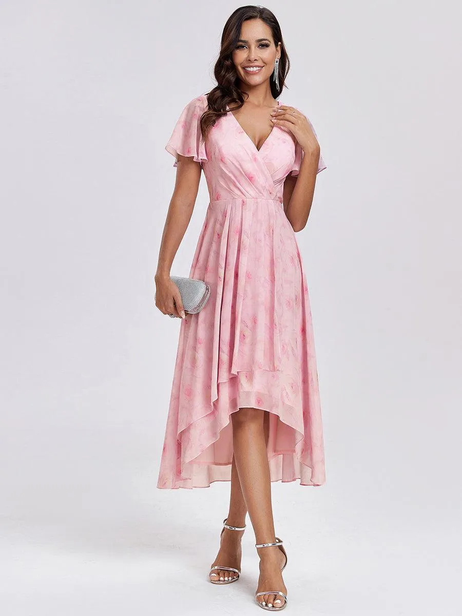 Robe Dinvite De Mariage En Mousseline De Soie Mi-Longue Plissee a Manches a Volants Et Col En V