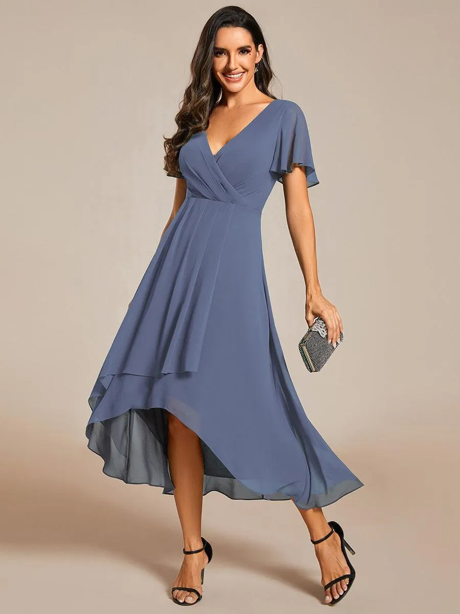 Robe Dinvite De Mariage En Mousseline De Soie Mi-Longue Plissee a Manches a Volants Et Col En V