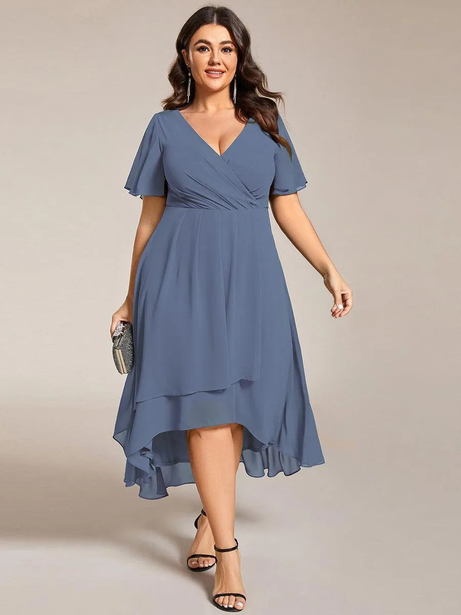 Robe Dinvite De Mariage En Mousseline De Soie Mi-Longue Plissee a Manches a Volants Et Col En V